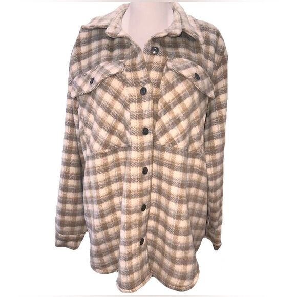 Jade & Ivory Neutral Plaid Heavyweight Shacket Tweed Look Academia Preppy L - Picture 2 of 9